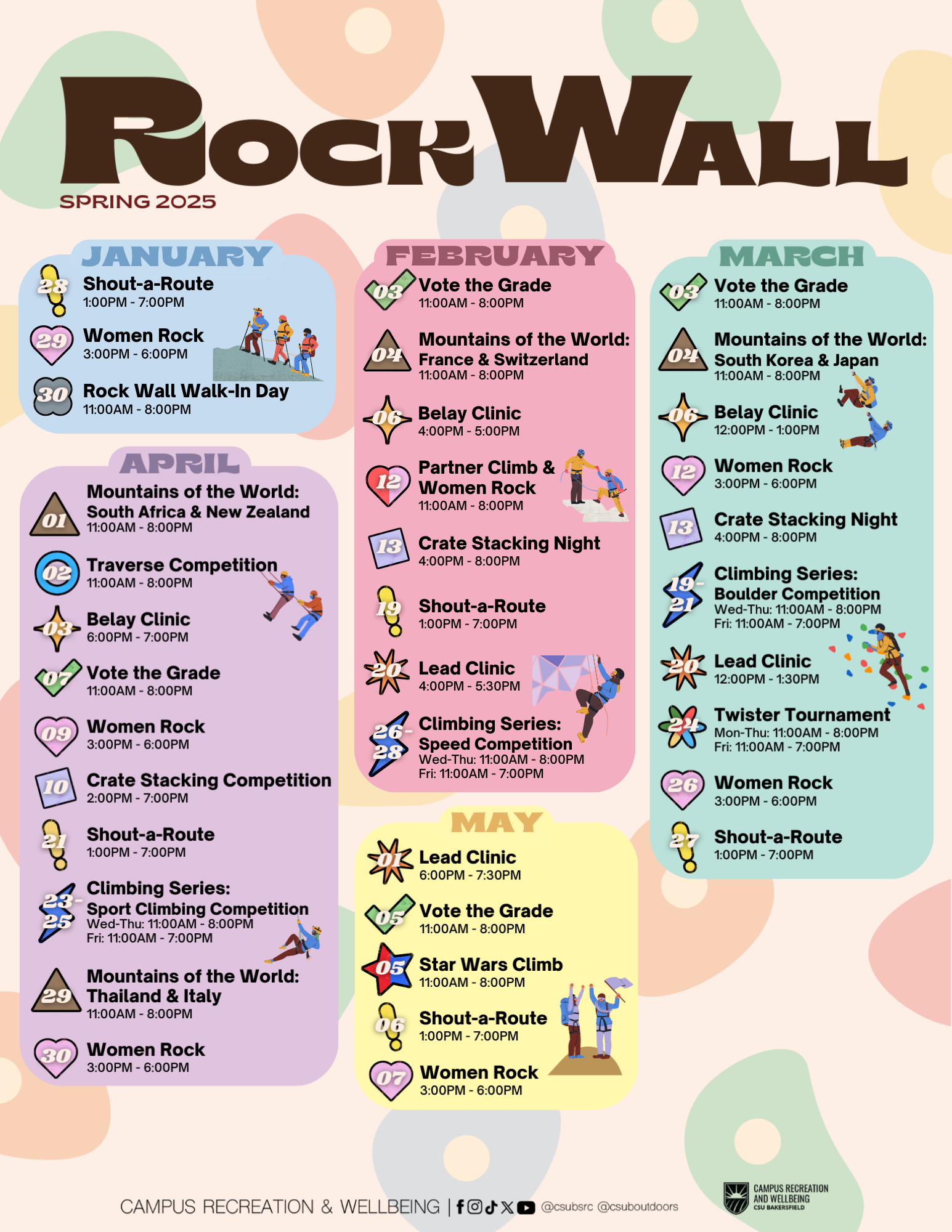 Spring 2025 Rock Wall Events Schdule Flyer