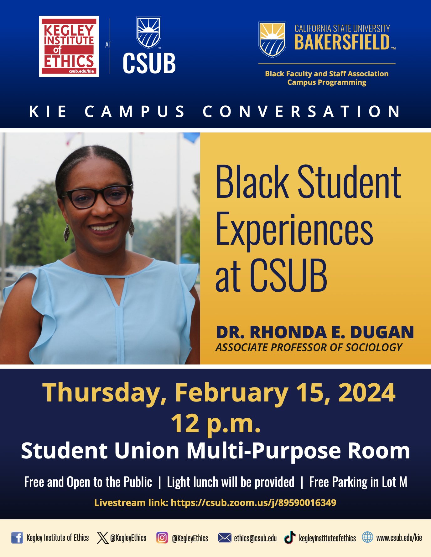 Flyer for Black Student Experiences at CSUB with Dr. Rhonda E. Dugan