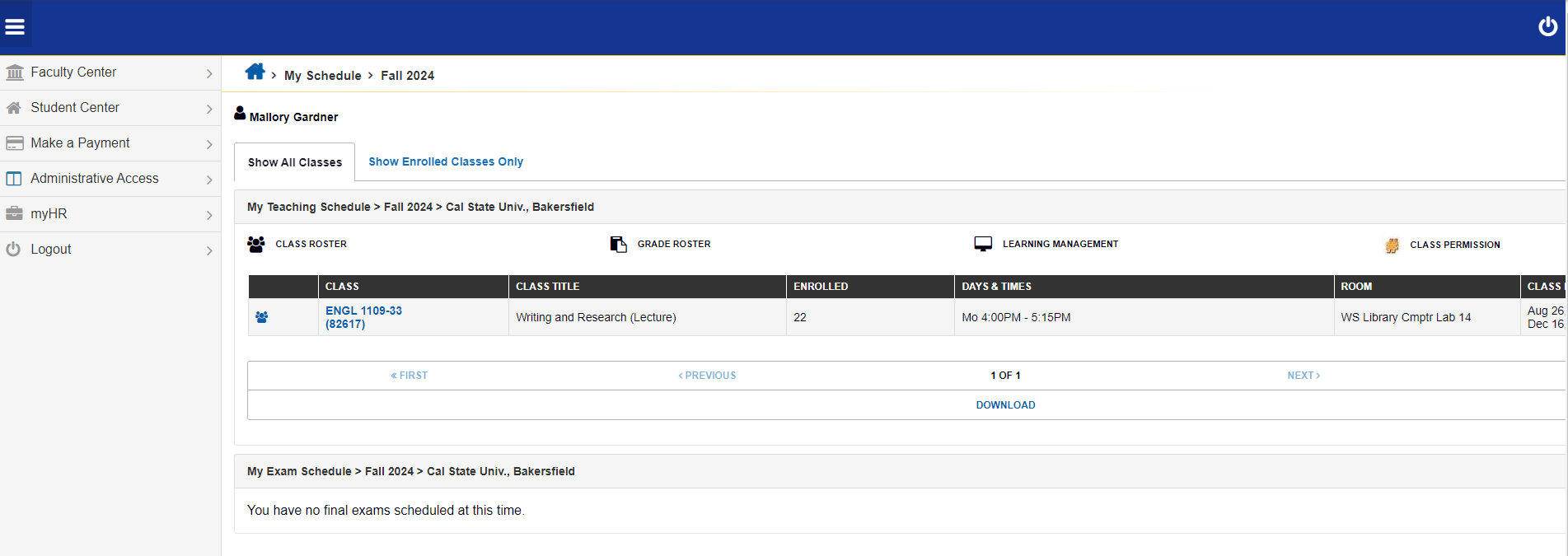 a screenshot of myCSUB faculty center displays class schedule and times