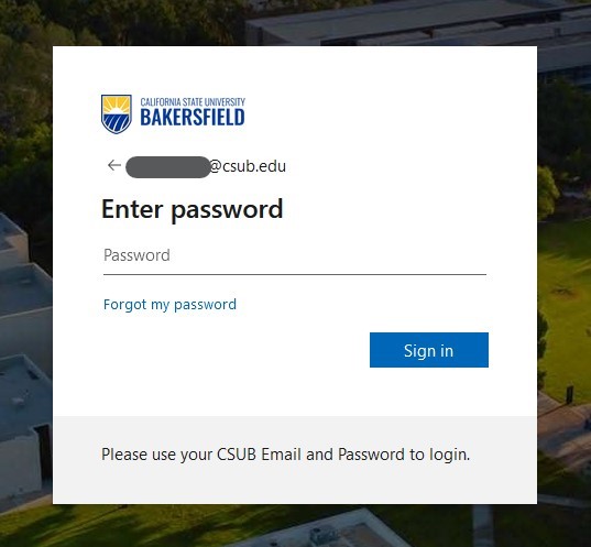 Screenshot of CSUB login prompt where you enter your password.