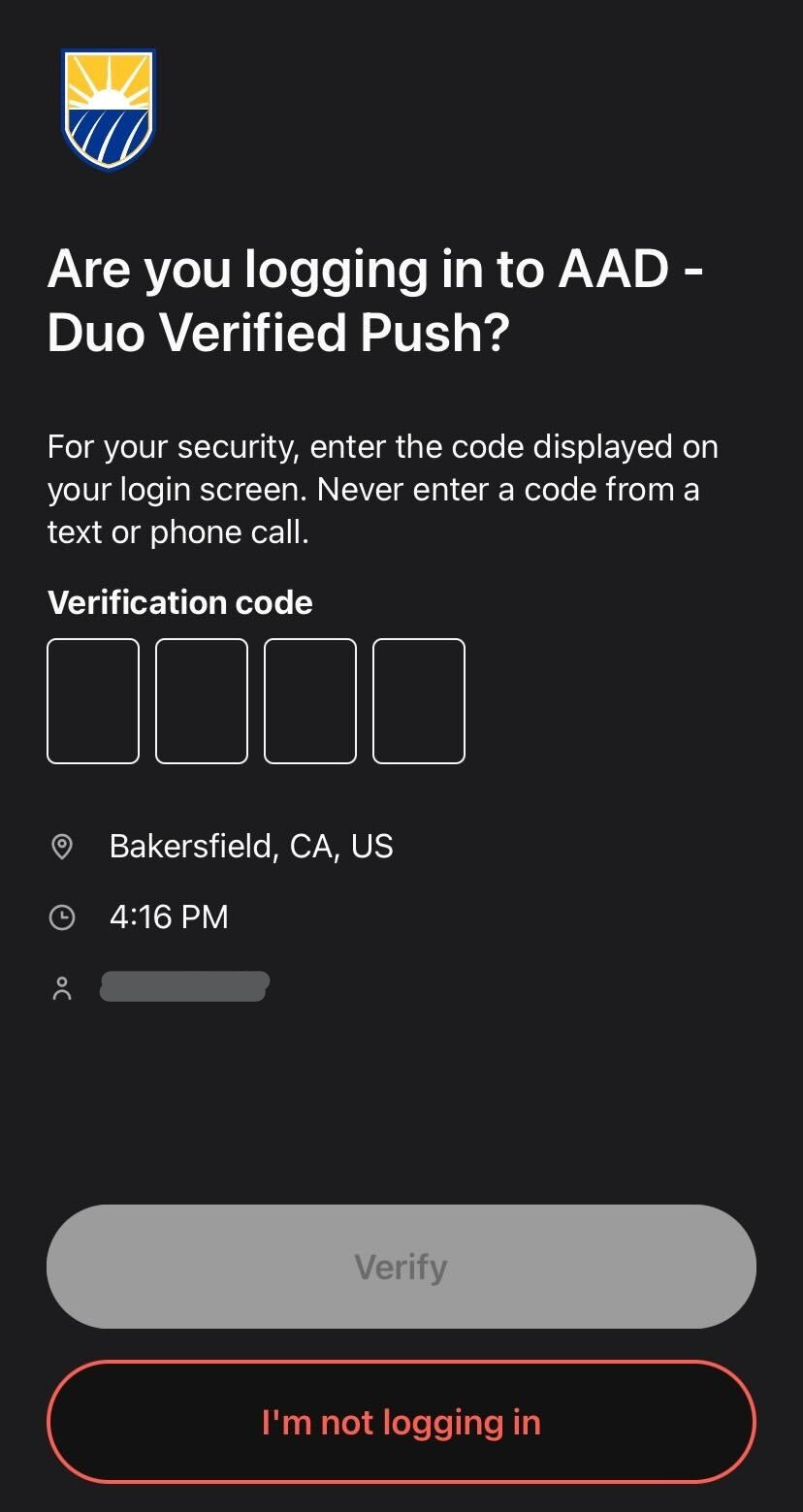 Screenshot of the Duo mobile app where you must enter the code, or select "I'm not logging in".