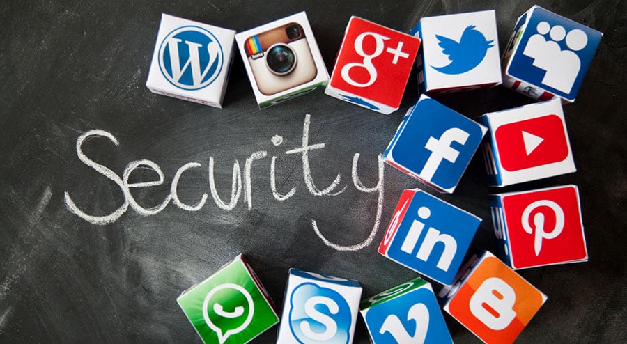 Image of a chalkboard with "Security" written on it. On the chalkboard there are also cubes of social media logos: Instagram, Google Plus, Twitter, Facebook, LinkedIn, Pintrest, YouTube, Skype, and Whats App.