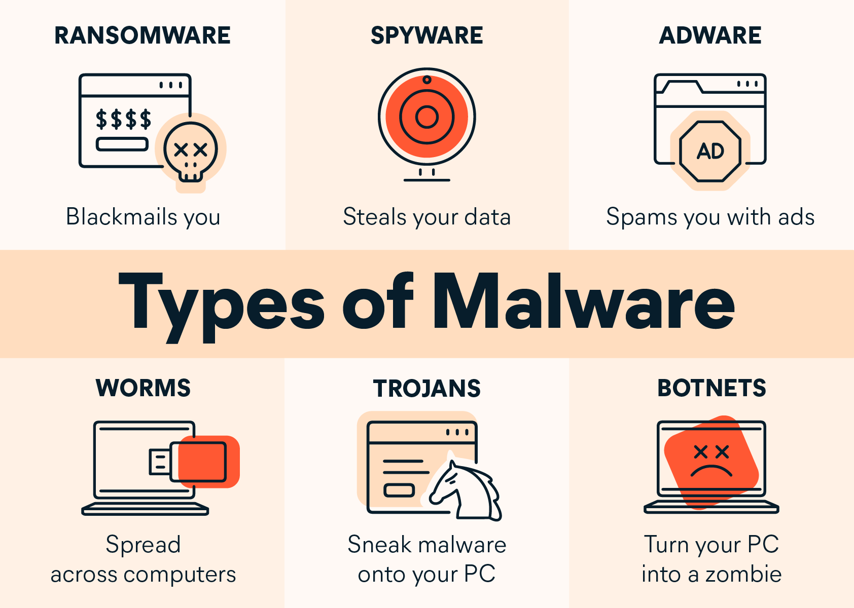 Infographic with a header "Types of Malware" with 6 boxes of examples. First box says "Ransomware - Blackmails you" with an image of a fake bank account webpage and a skull. Second box says "Spyware - Steals your data" with a camera. Third box says "Adware - Spams you with ads" with a stop sign that says "Ad" on top of a webpage. Fourth box says "Worms - Spread" with an image of a USB drive and laptop. Fifth box says "Trojans - Sneak malware" with an image of a trojan horse in front of a webpage. Sixth box says "Botnets - Turn your PC".