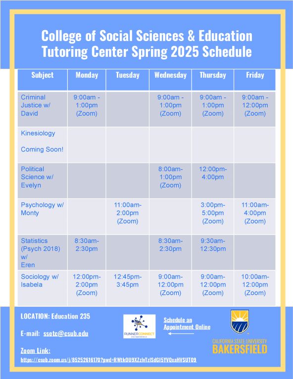 Fall 2025 Tutoring Schedule
