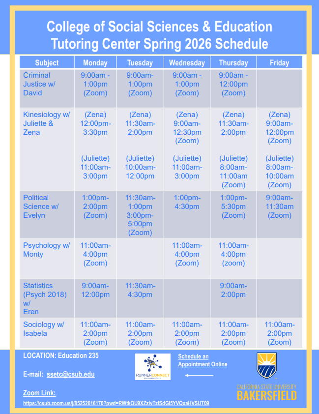 SSE Tutoring Center Schedule