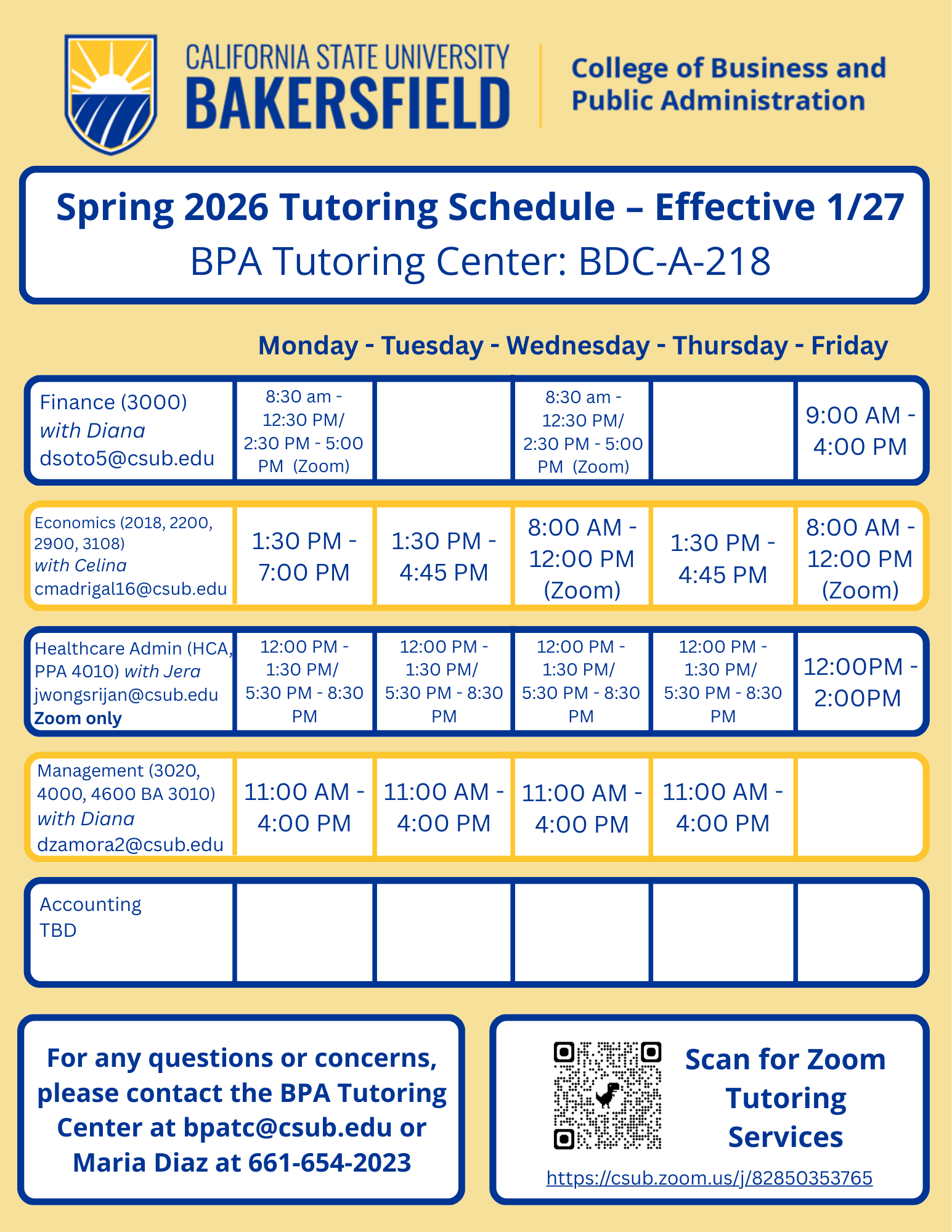 BPA Tutoring Center Schedule Spring 2026