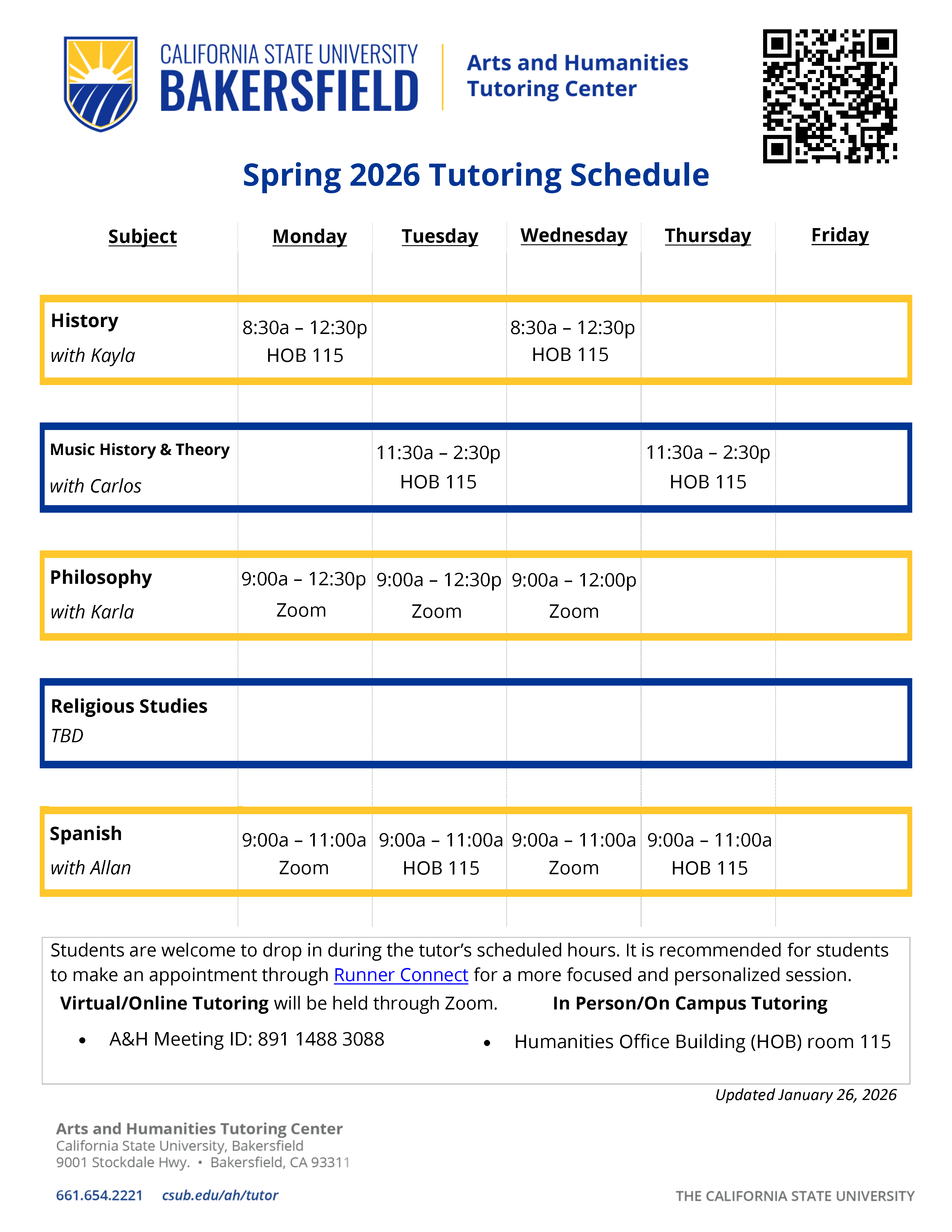 Arts and Humanities Tutoring Center Schedule Spring 2026