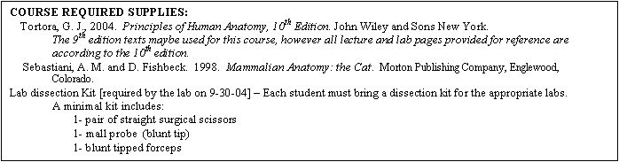 Text Box: COURSE REQUIRED SUPPLIES:          
    Tortora, G. J., 2004.  Principles of Human Anatomy, 10th Edition. John Wiley and Sons New York.
	The 9th edition texts maybe used for this course, however all lecture and lab pages provided for reference are 	according to the 10th edition. 
	Sebastiani, A. M. and D. Fishbeck.  1998.  Mammalian Anatomy: the Cat.  Morton Publishing Company, Englewood,   
                Colorado. 
Lab dissection Kit [required by the lab on 9-30-04]  Each student must bring a dissection kit for the appropriate labs.  
	A minimal kit includes:  
	1- pair of straight surgical scissors 
	1- mall probe  (blunt tip) 
	1- blunt tipped forceps
